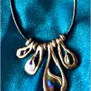 Chico’s Abalone Teardrop Fringe Necklace on a Silver Tone & Leather Cord